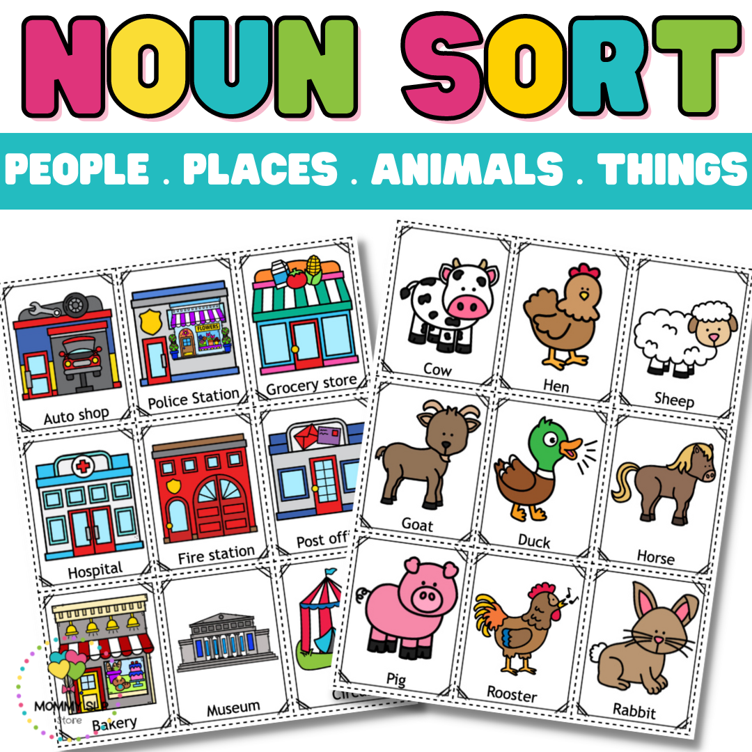 Noun Sort cards and worksheets | Person, Animal, Place and Thing￼