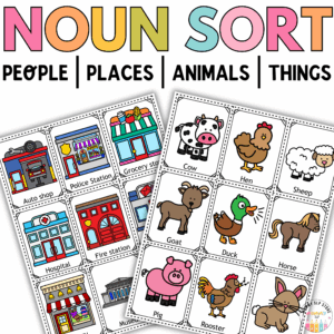 Noun Sort cards with pictures and worksheets