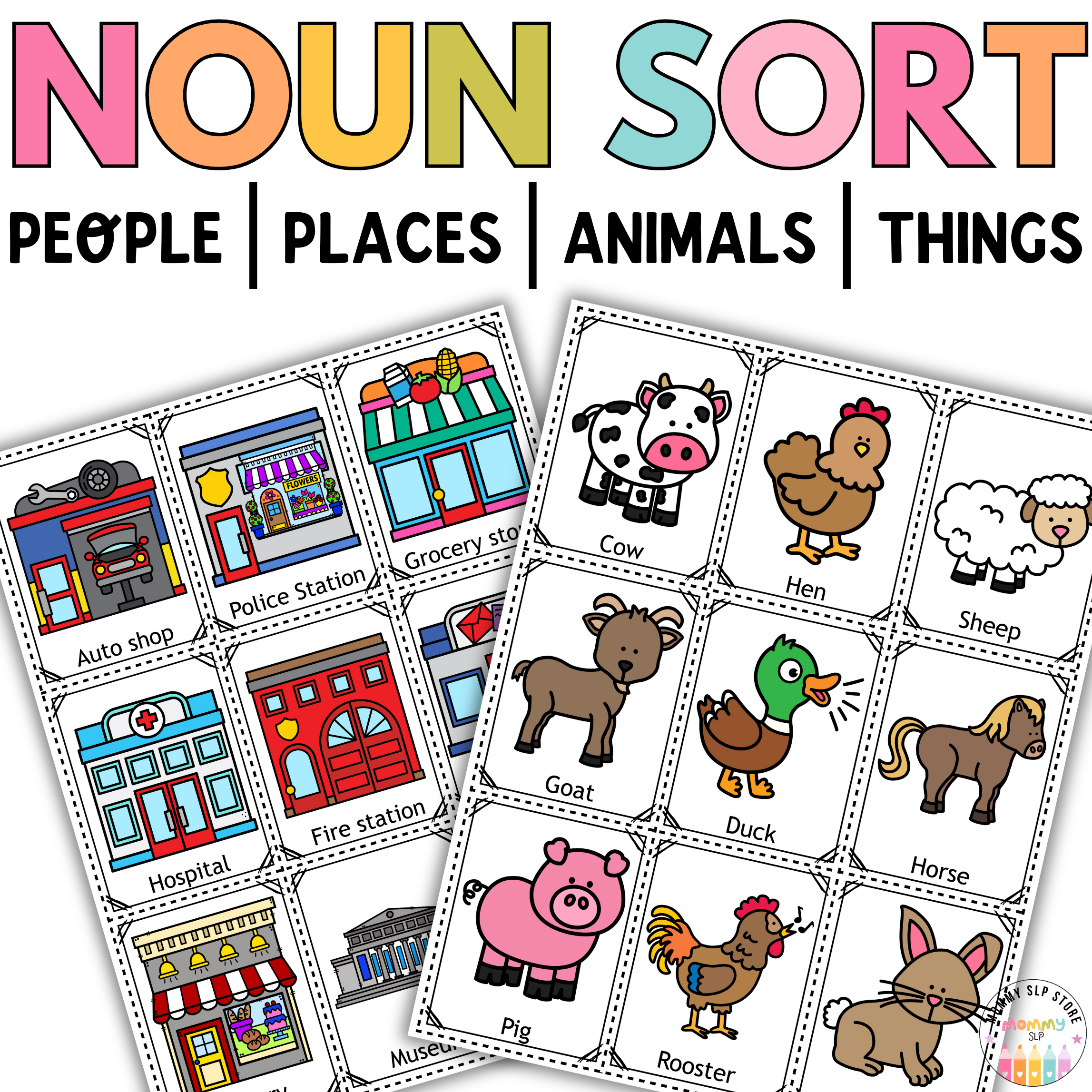 Noun Sort cards with pictures and worksheets